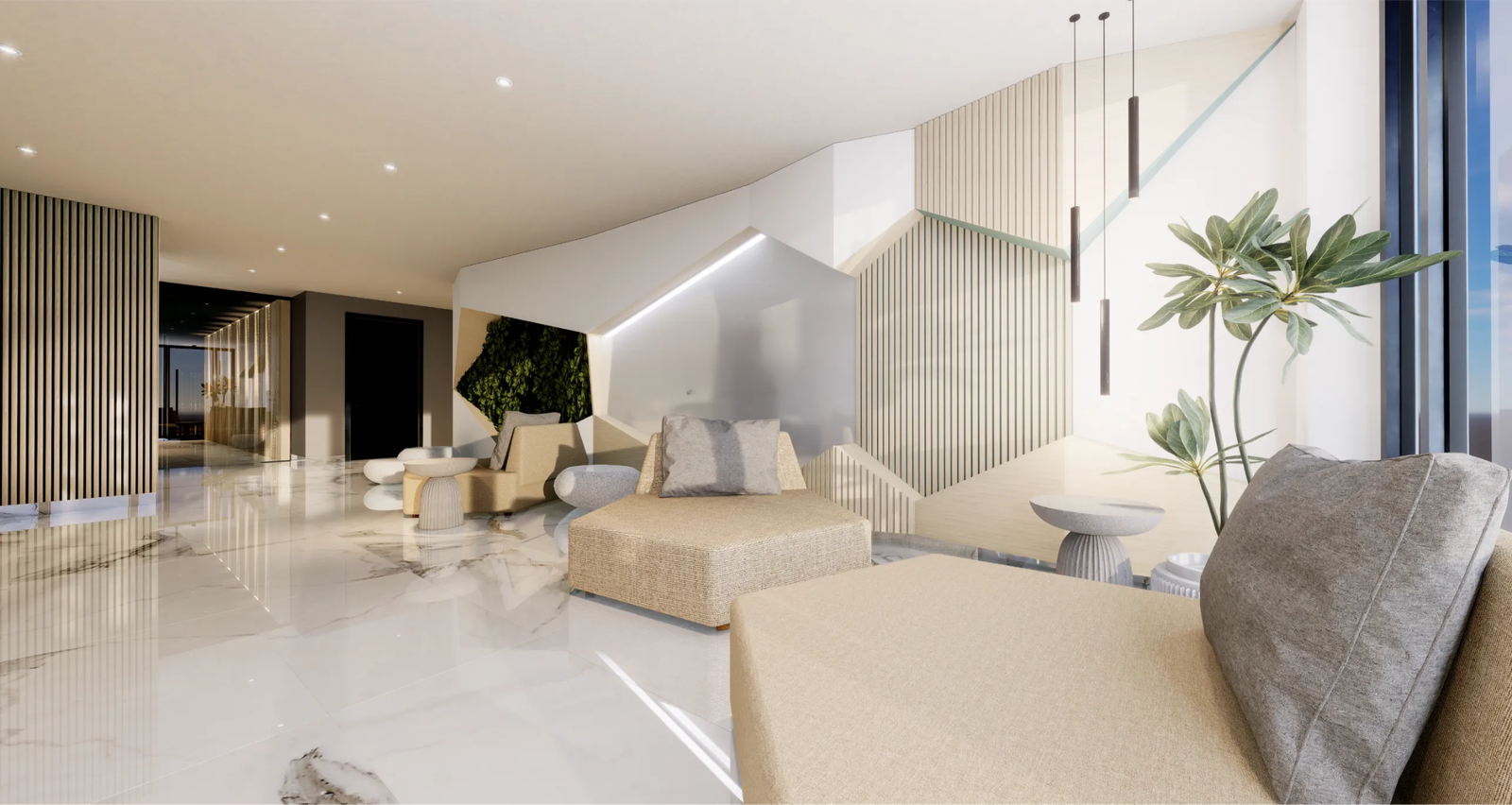 Vue d'un salon lumineux de condo CINQ