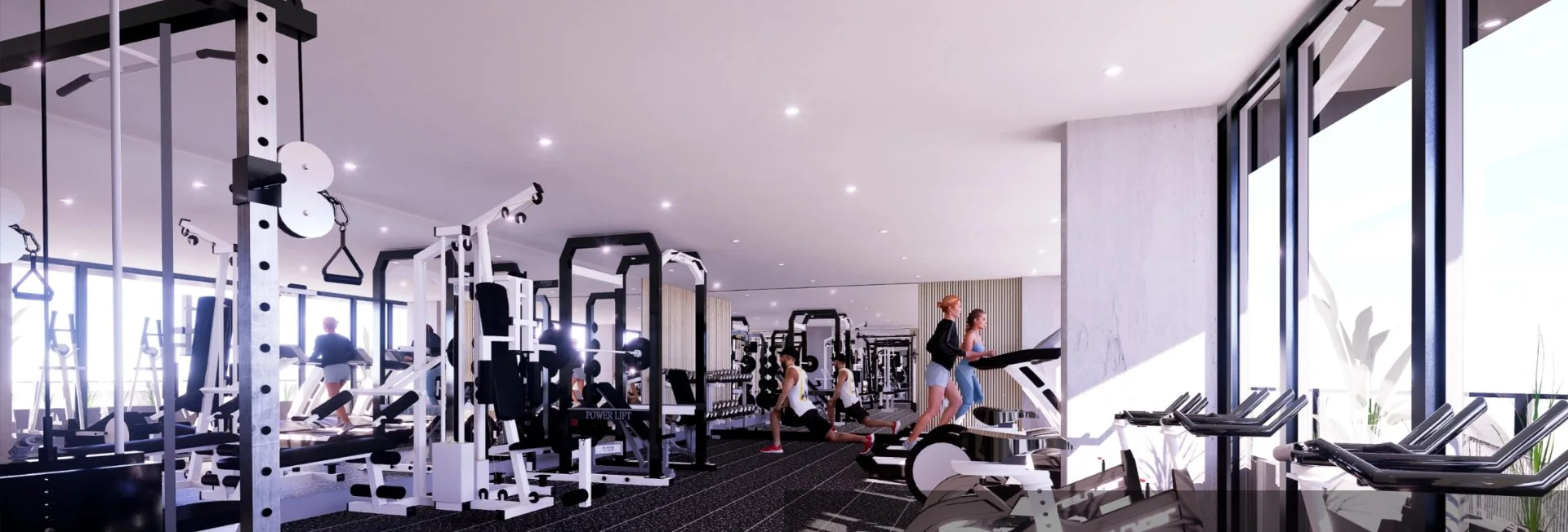 Salle d'entraînement lumineuse et entièrement équipée du projet LE CINQ